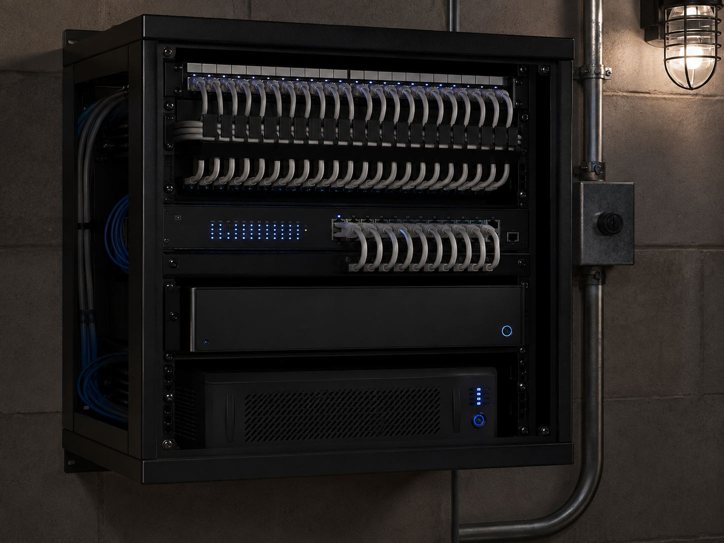 Rack de rede organizado com switch PoE e cabeamento identificado